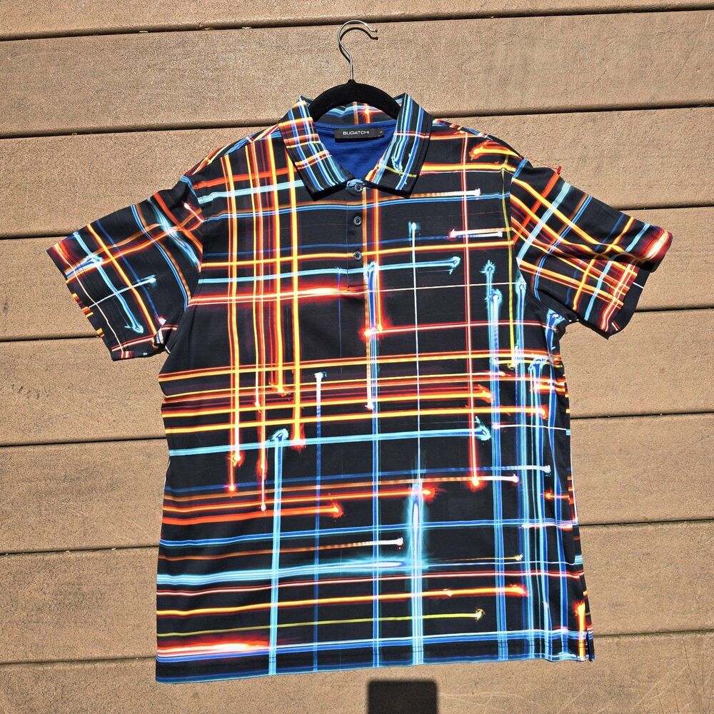 Bugatchi Men Polo Style Shirt Large Stretch Colorfull Graphic Print Black Orange